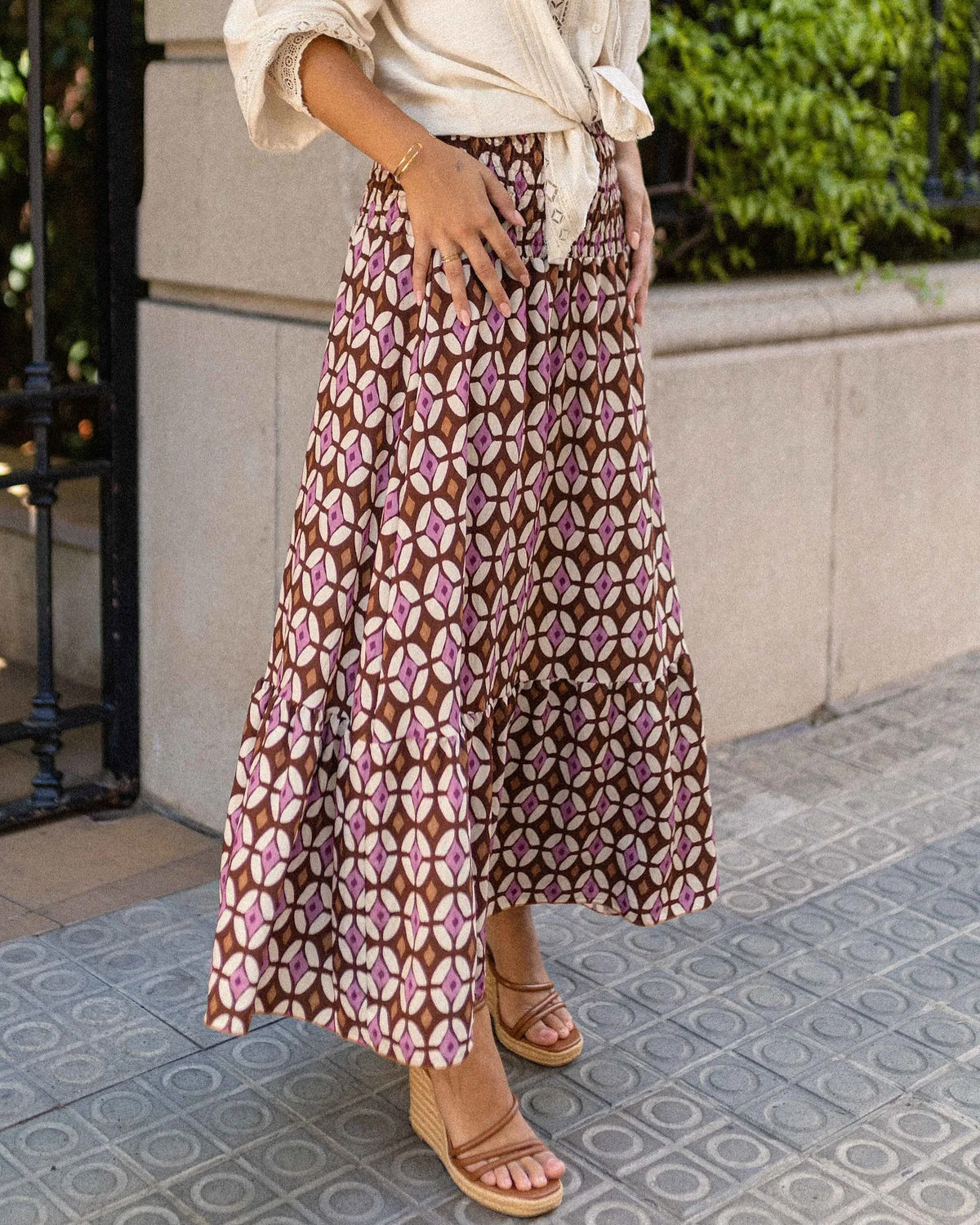 Boho Medallion Print Tiered Maxi Skirt - Purple - 1