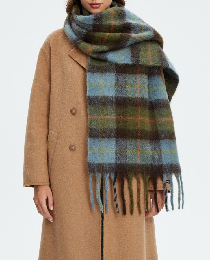 Brushed Check Fringe Blanket Scarf - Blue