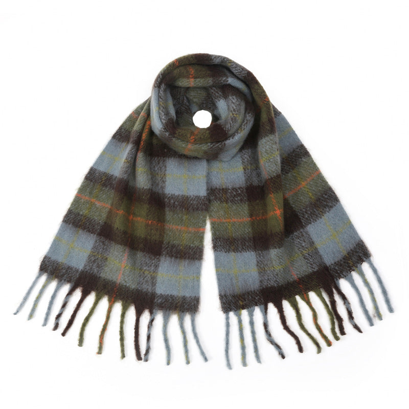Brushed Check Fringe Blanket Scarf - Blue - 1