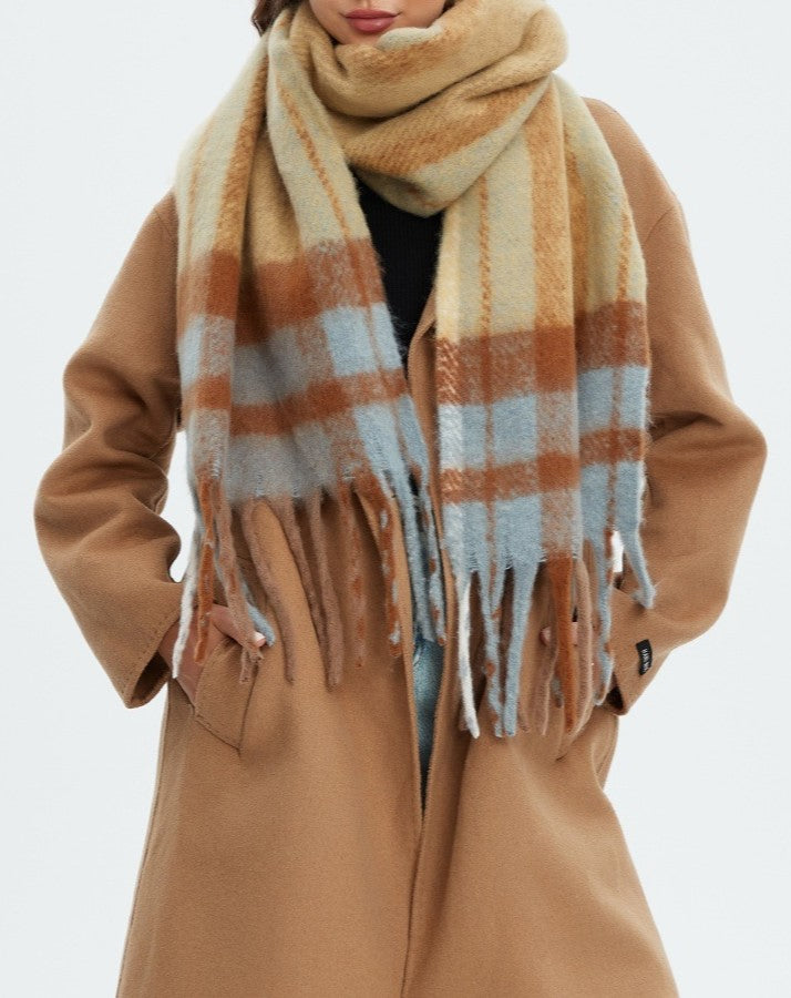 Brushed Check Fringe Blanket Scarf - Khaki - 1