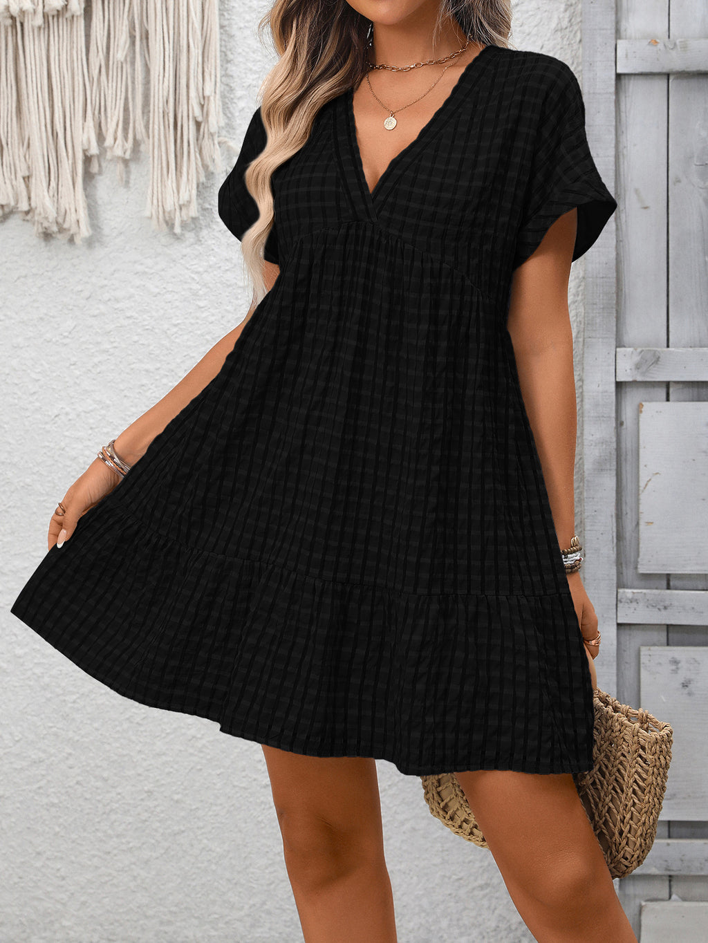 Textured Plaid V Neck Tiered Mini Dress - Black