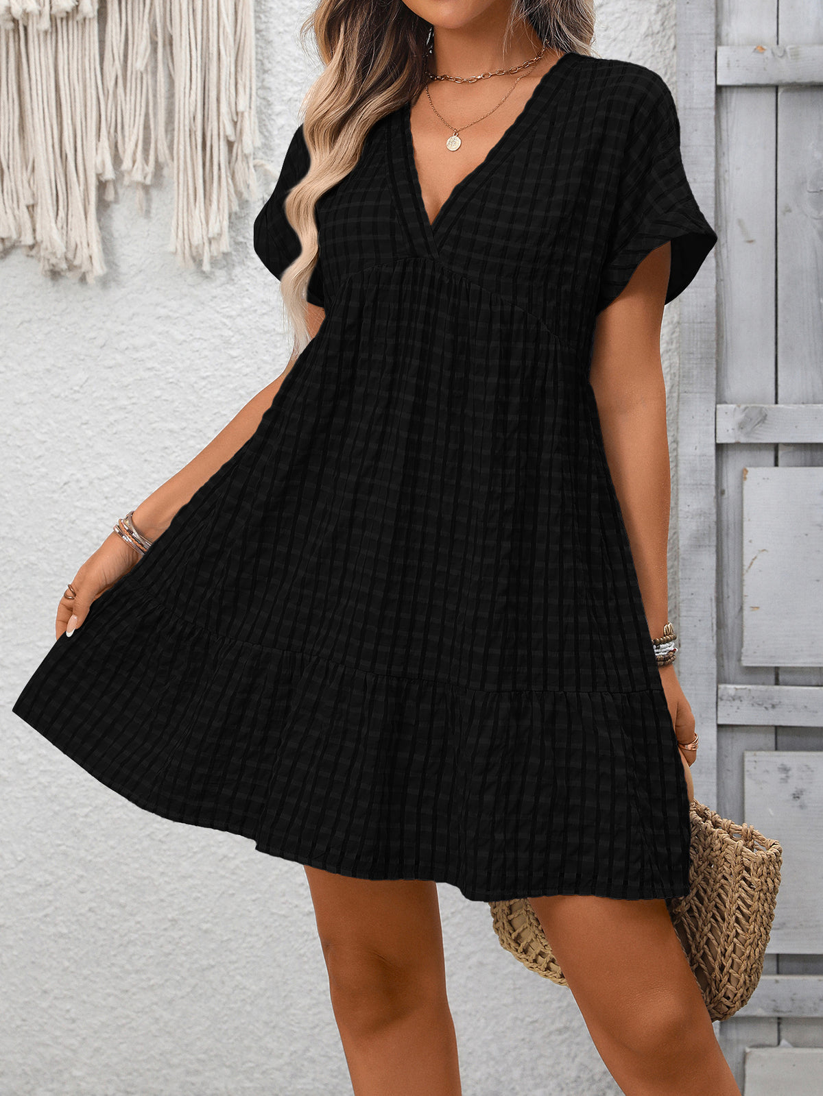 Textured Plaid V Neck Tiered Mini Dress - Black