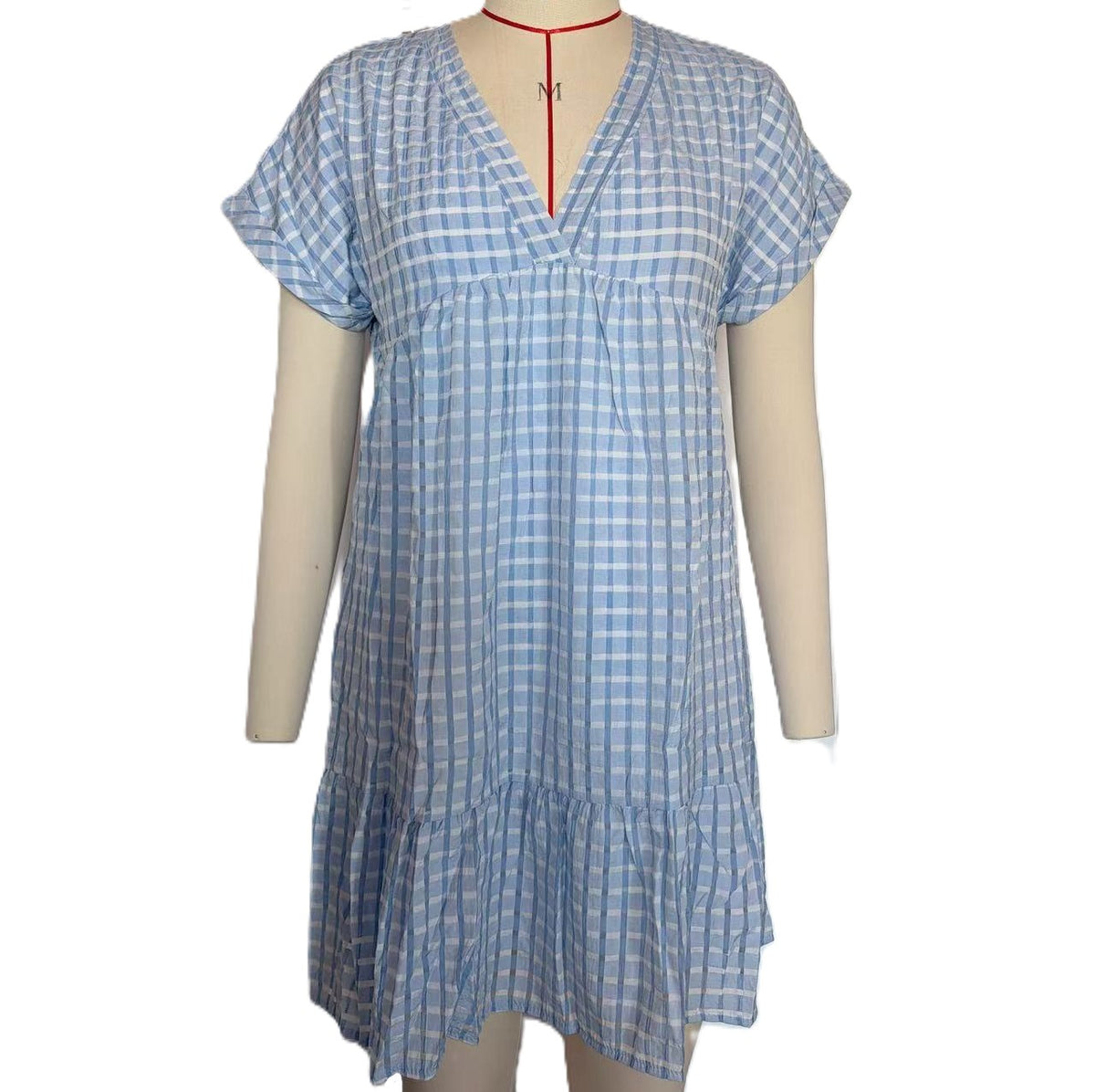 Textured Plaid V Neck Tiered Mini Dress - Blue