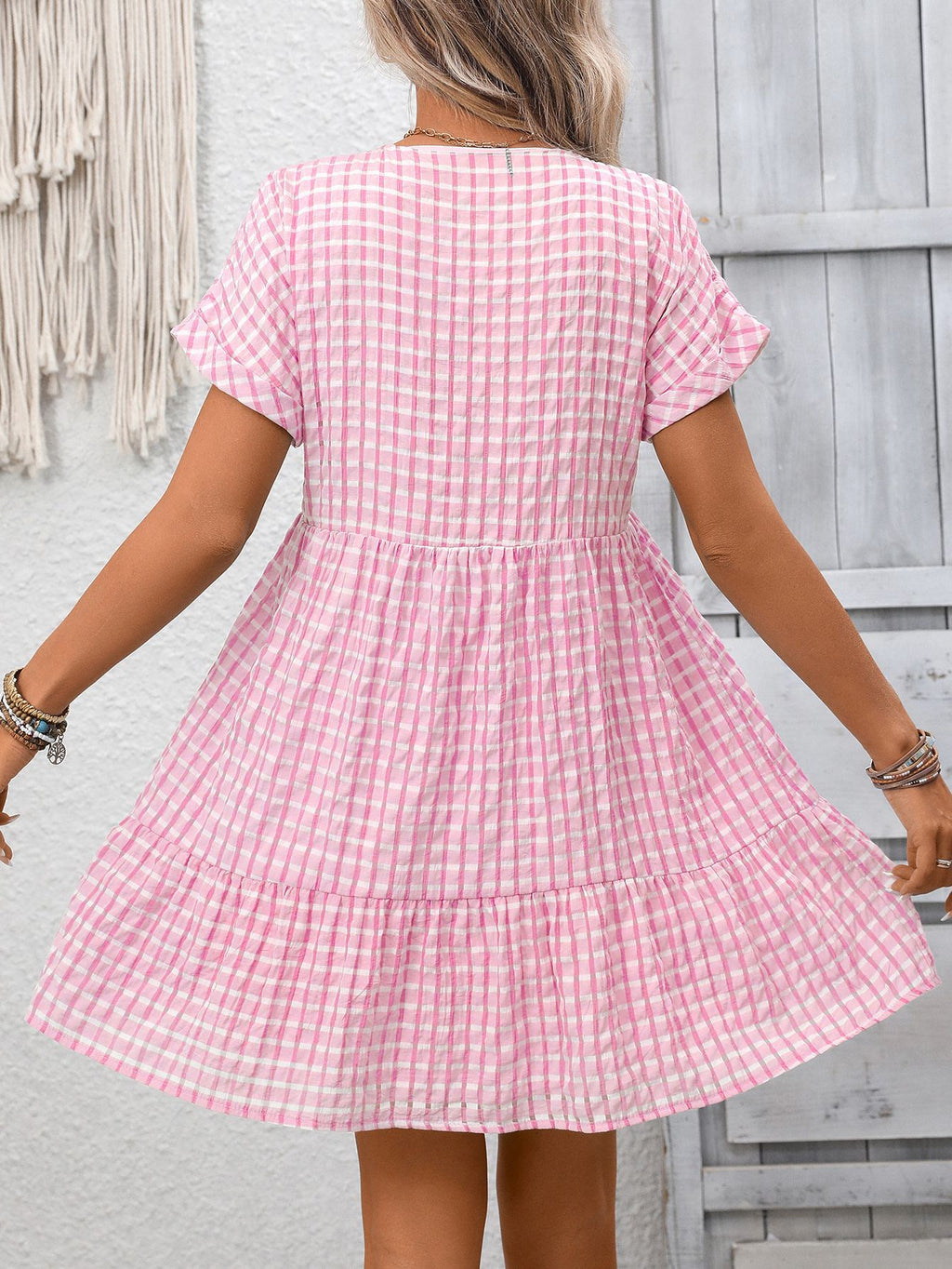 Textured Plaid V Neck Tiered Mini Dress - Pink - 1