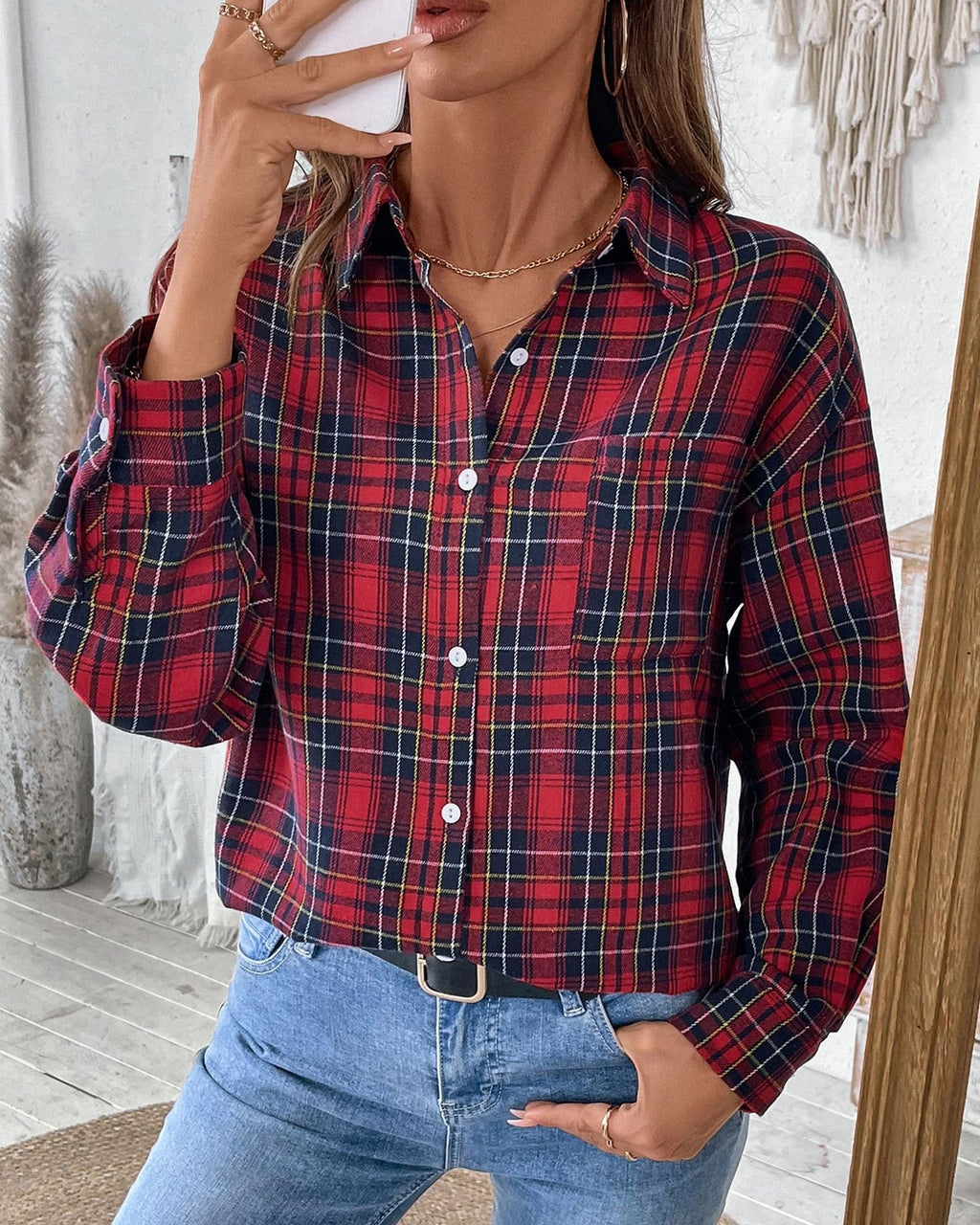 Oversized Plaid Flannel Button-Down Shirt - Red - 1