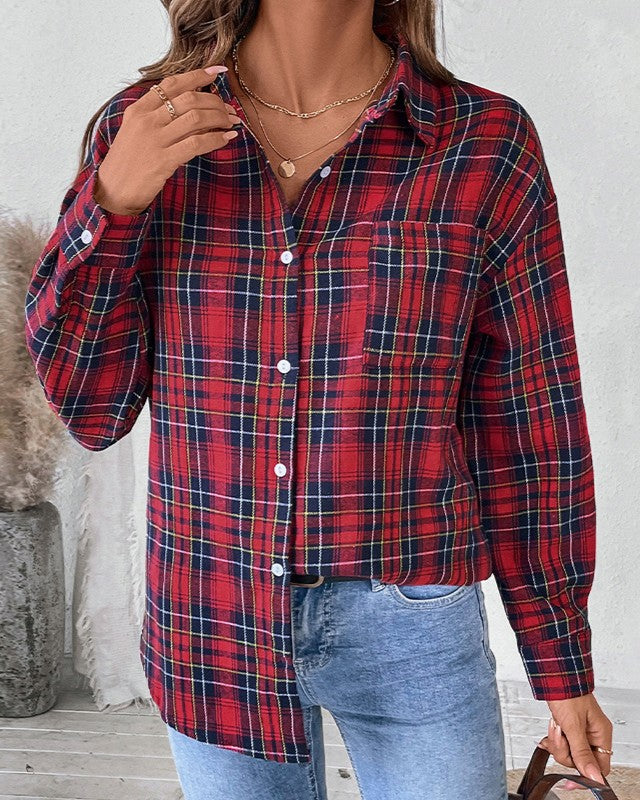 Oversized Plaid Flannel Button-Down Shirt - Red - 2