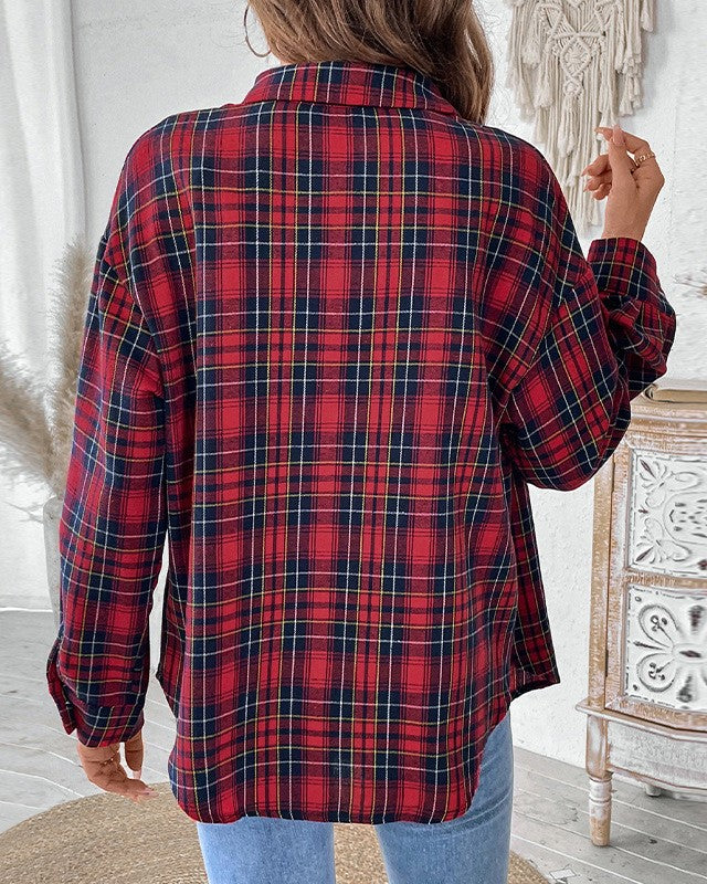 Oversized Plaid Flannel Button-Down Shirt - Red - 3