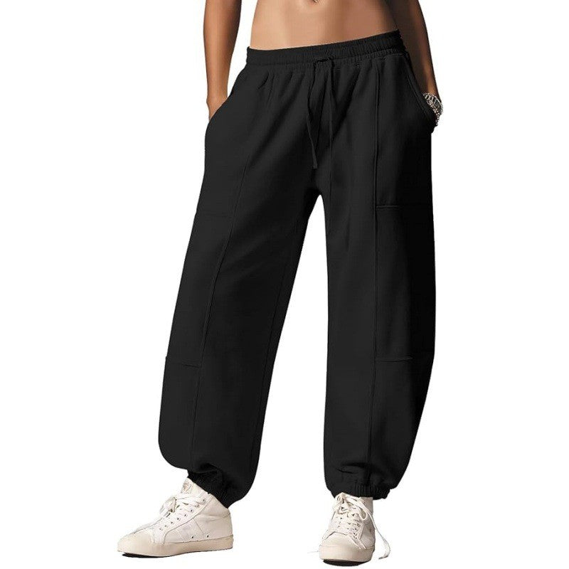 Paneled Baggy Barrel Leg Workout Sweatpants - Black