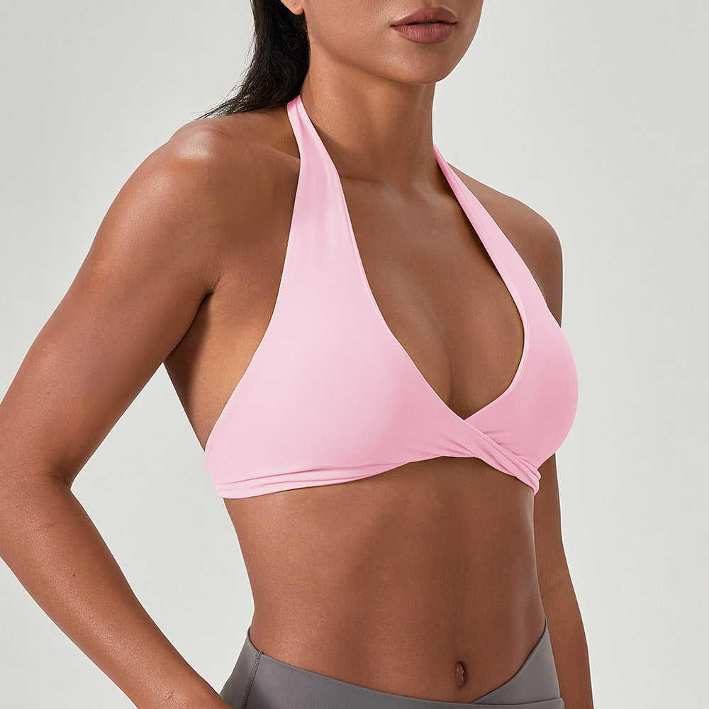 Twist Front Halter Neck Sports Bra - Pink