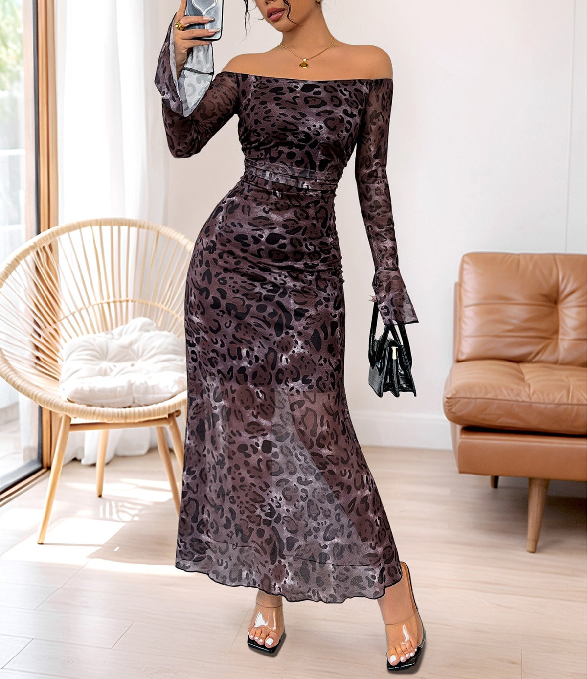 Leopard Mesh Off Shoulder Maxi Dress - Leopard