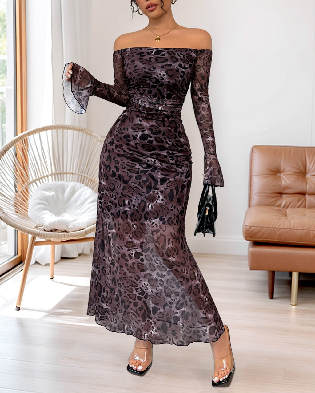 Leopard Mesh Off Shoulder Maxi Dress