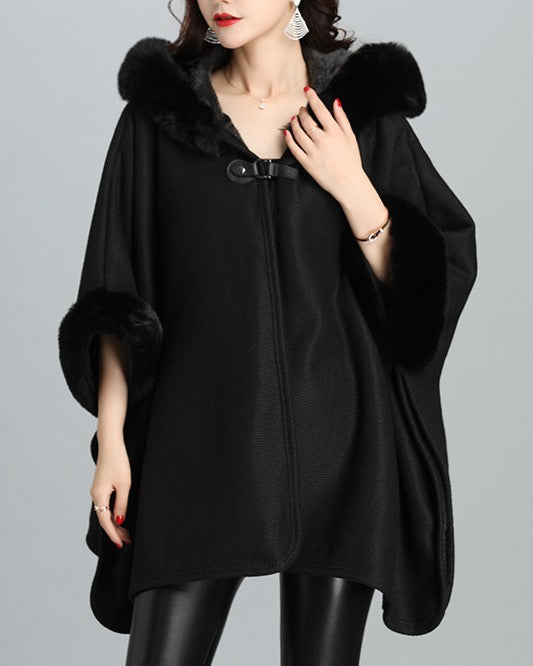 Hooded Tweed Cape With Faux Fur Cuffs - Black