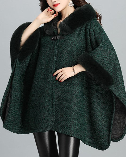 Hooded Tweed Cape With Faux Fur Cuffs - Dark-Green