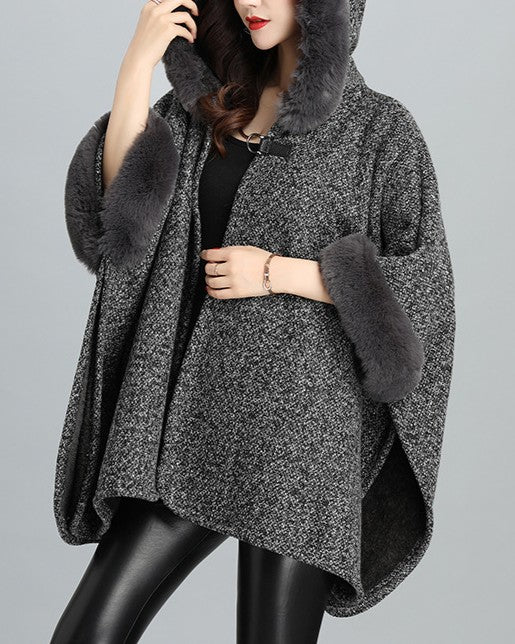Hooded Tweed Cape With Faux Fur Cuffs - Dark-Grey