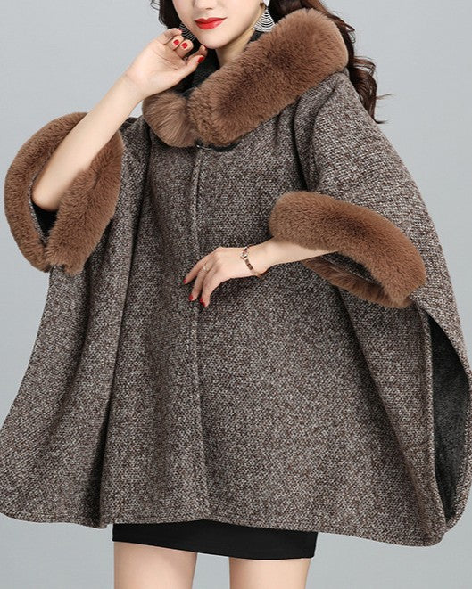 Hooded Tweed Cape With Faux Fur Cuffs - Khaki
