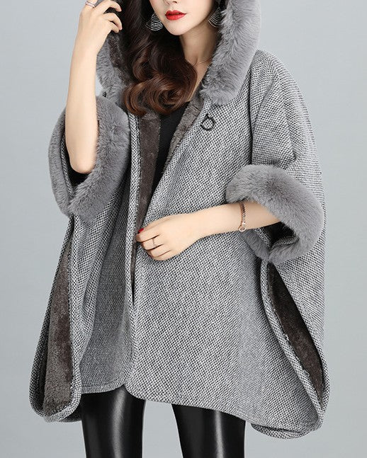 Hooded Tweed Cape With Faux Fur Cuffs - Light-Grey