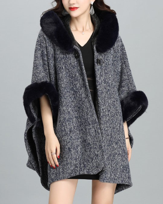 Hooded Tweed Cape With Faux Fur Cuffs - Navy-Blue