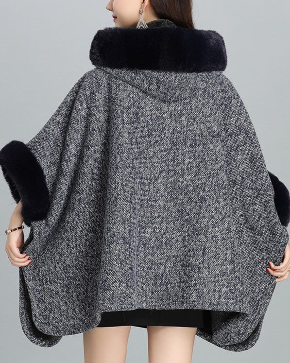 Hooded Tweed Cape With Faux Fur Cuffs - Navy-Blue - 1