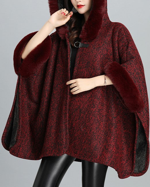 Hooded Tweed Cape With Faux Fur Cuffs - Wine-Red - 1