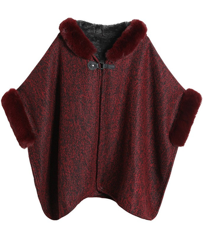 Hooded Tweed Cape With Faux Fur Cuffs - Wine-Red - 2
