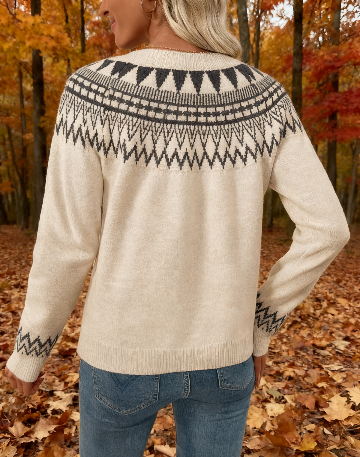 Nordic Yoke Fair Isle Knit Sweater - Apricot - 2