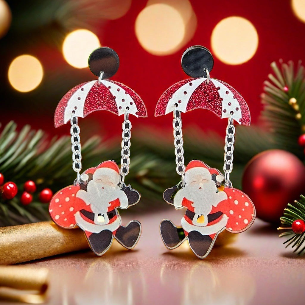 Parachuting Santa Dangle Earrings For Christmas - Red