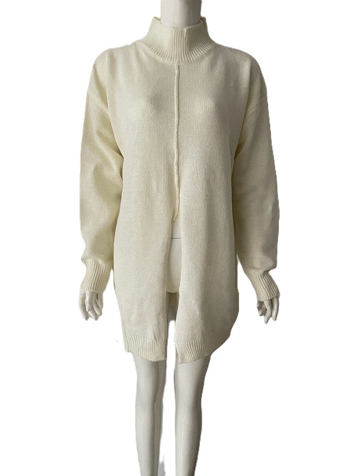 Mock Neck Split Hem Longline Sweater - Beige
