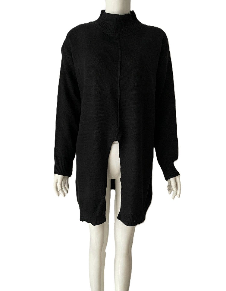 Mock Neck Split Hem Longline Sweater - Black