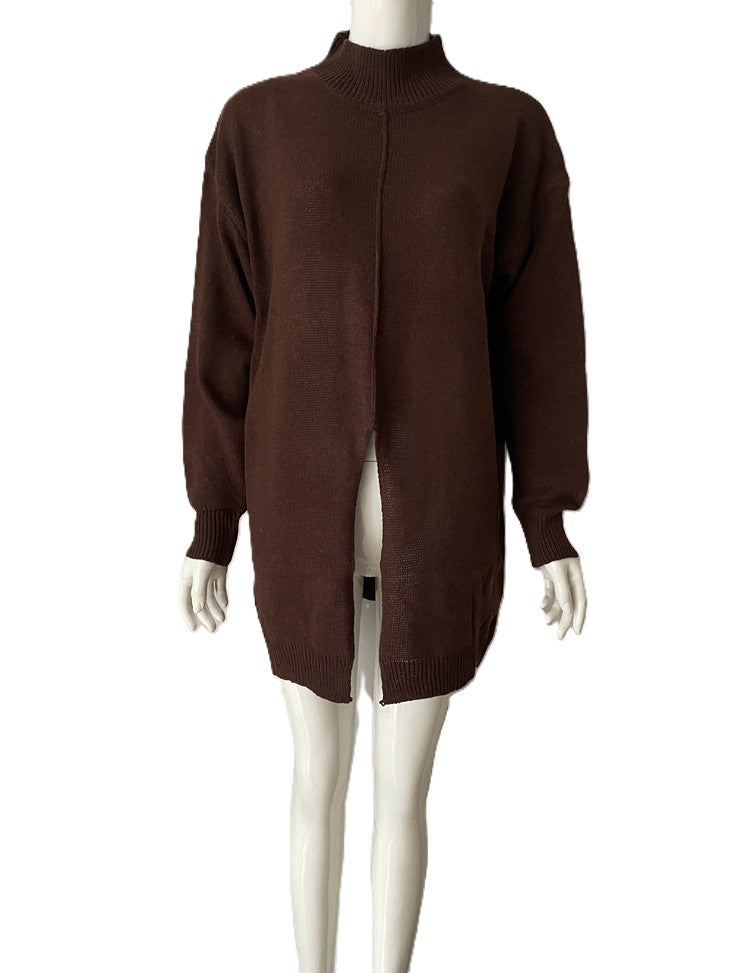 Mock Neck Split Hem Longline Sweater - Coffee
