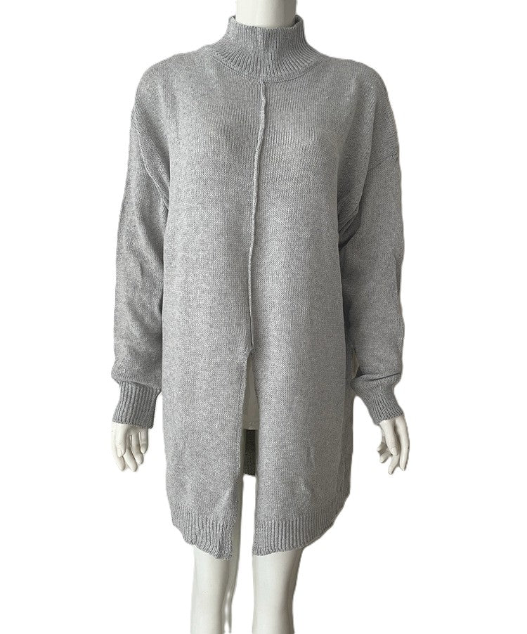 Mock Neck Split Hem Longline Sweater - Grey