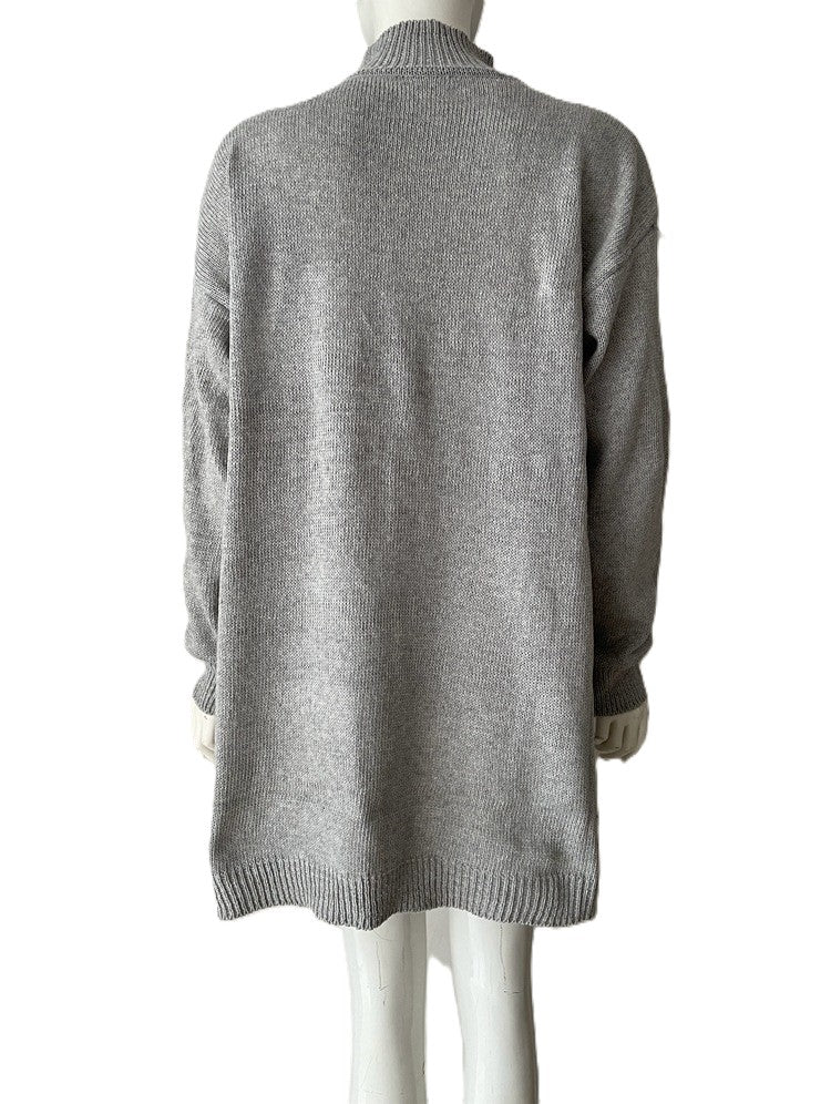 Mock Neck Split Hem Longline Sweater - Grey - 1
