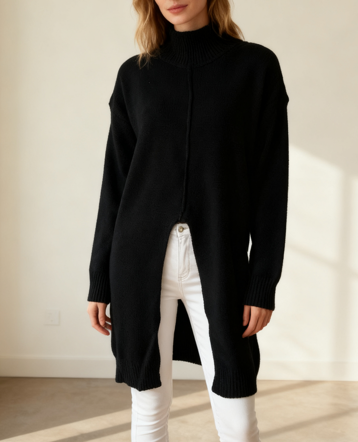Mock Neck Split Hem Longline Sweater