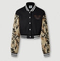 Camo Sleeve Cropped Varsity Bomber Jacket - Black