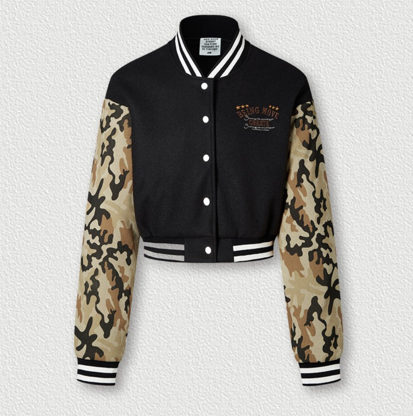 Camo Sleeve Cropped Varsity Bomber Jacket - Black