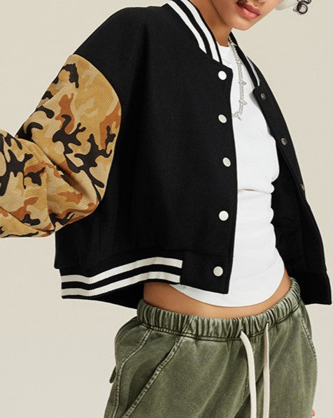 Camo Sleeve Cropped Varsity Bomber Jacket - Black - 1
