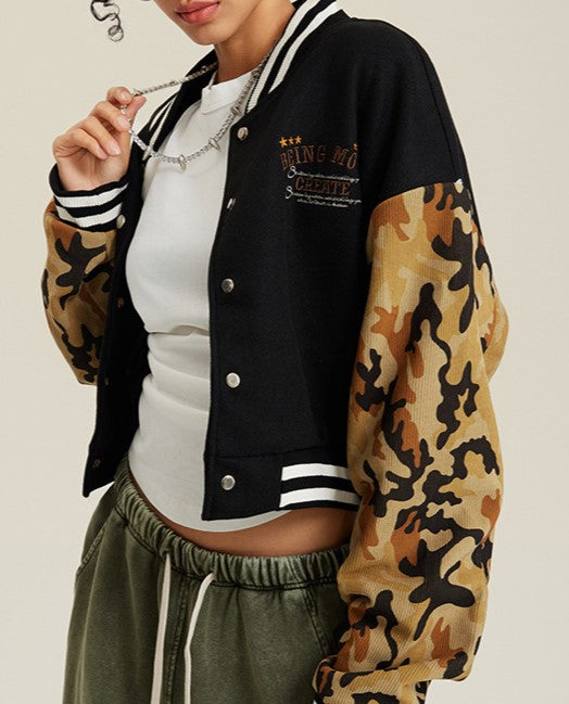 Camo Sleeve Cropped Varsity Bomber Jacket - Black - 2
