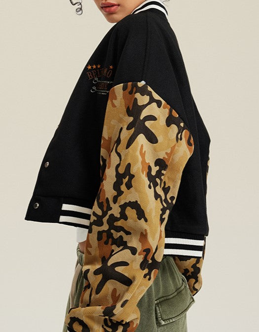 Camo Sleeve Cropped Varsity Bomber Jacket - Black - 3