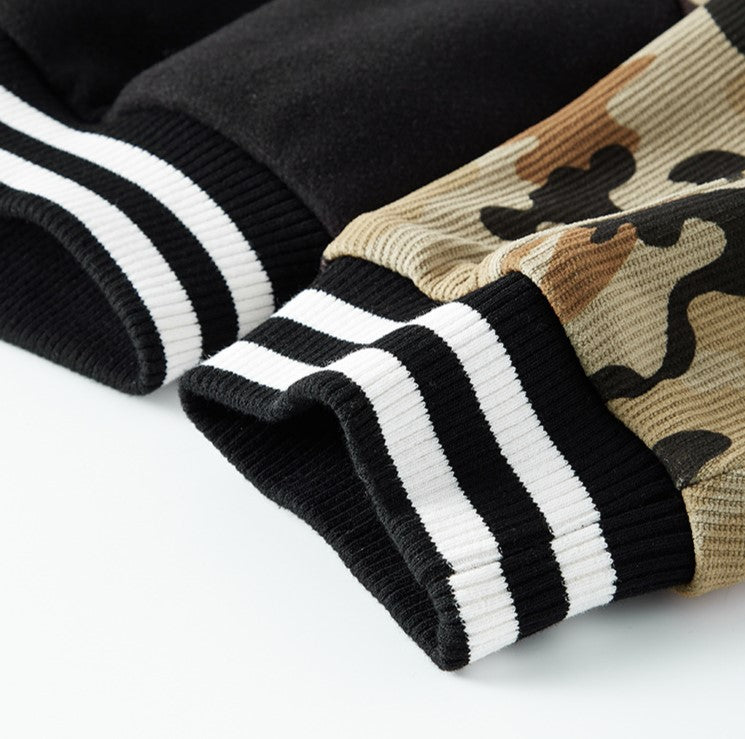 Camo Sleeve Cropped Varsity Bomber Jacket - Black - 5