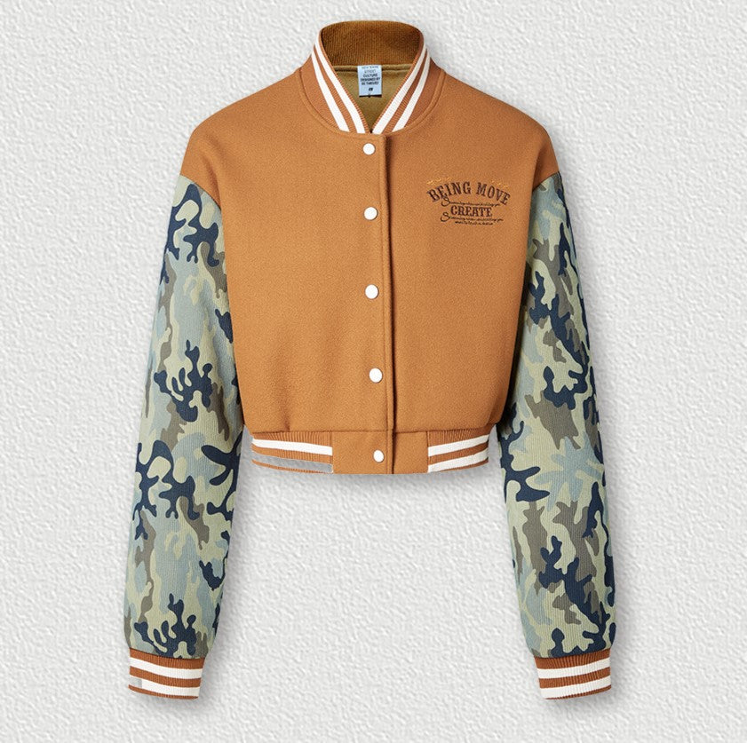 Camo Sleeve Cropped Varsity Bomber Jacket - Camel