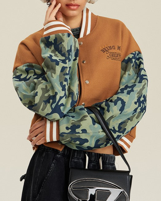 Camo Sleeve Cropped Varsity Bomber Jacket - Camel - 1