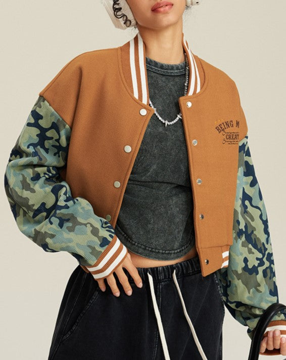 Camo Sleeve Cropped Varsity Bomber Jacket - Camel - 2