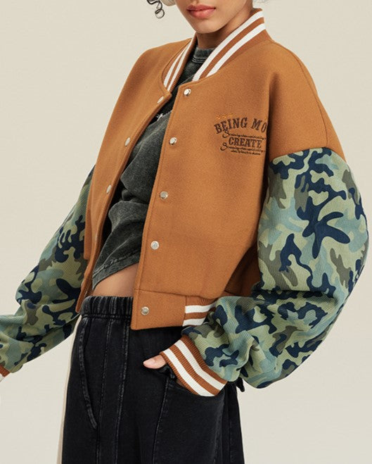 Camo Sleeve Cropped Varsity Bomber Jacket - Camel - 3