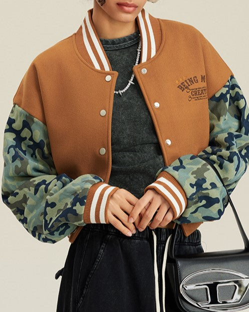 Camo Sleeve Cropped Varsity Bomber Jacket - view 1