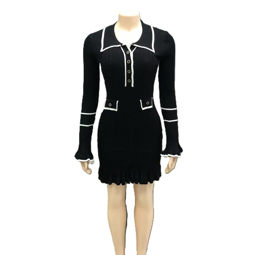 Collared Contrast Trim Ribbed Mini Dress - Black