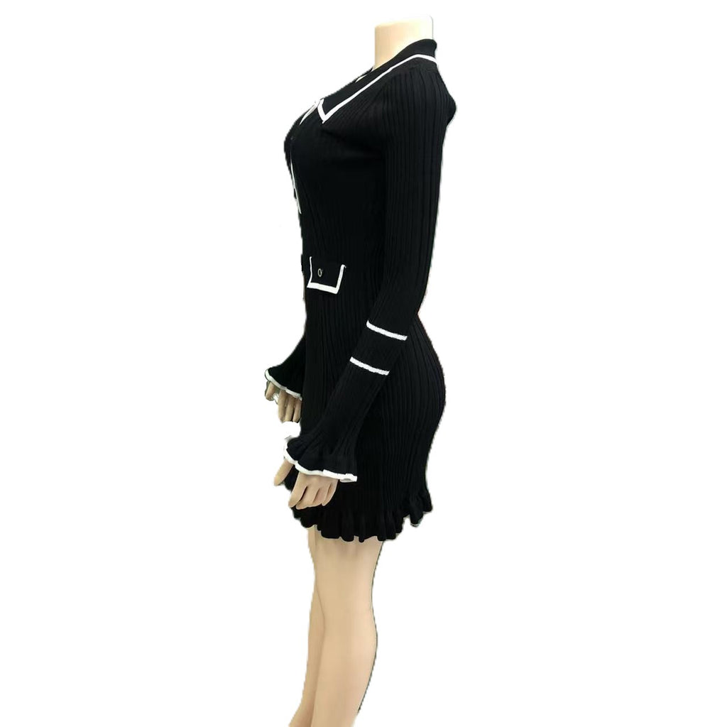 Collared Contrast Trim Ribbed Mini Dress - Black - 1