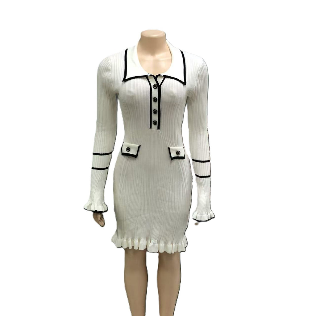 Collared Contrast Trim Ribbed Mini Dress - White