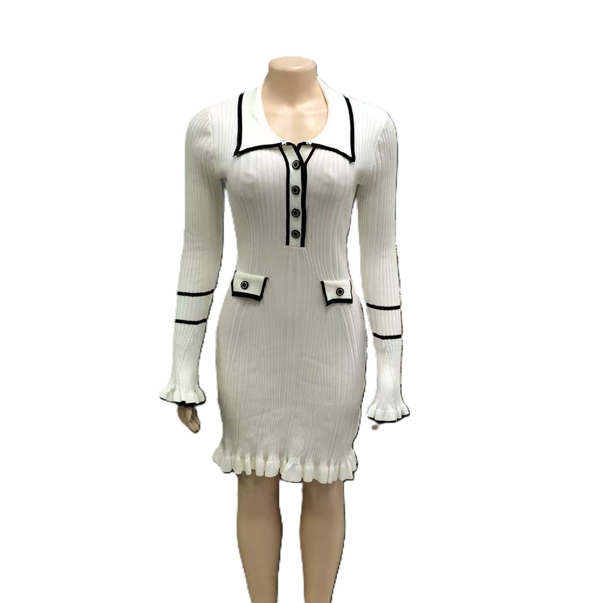 Collared Contrast Trim Ribbed Mini Dress - White