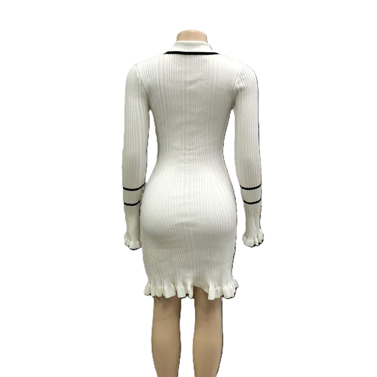 Collared Contrast Trim Ribbed Mini Dress - White - 1