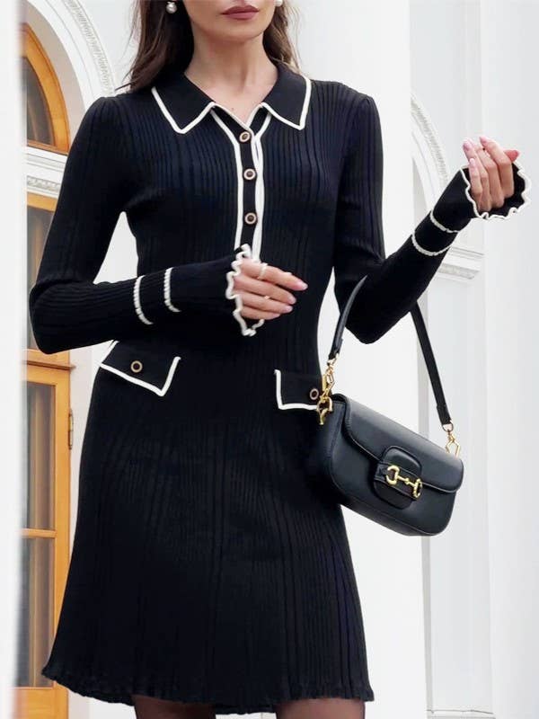 Collared Contrast Trim Ribbed Mini Dress