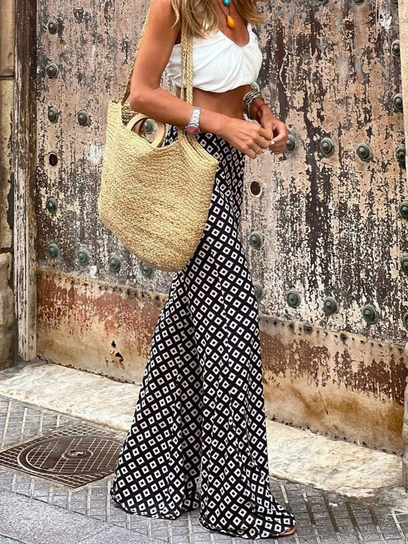 Geometric Print High Waist Flare Pants - Black - 2